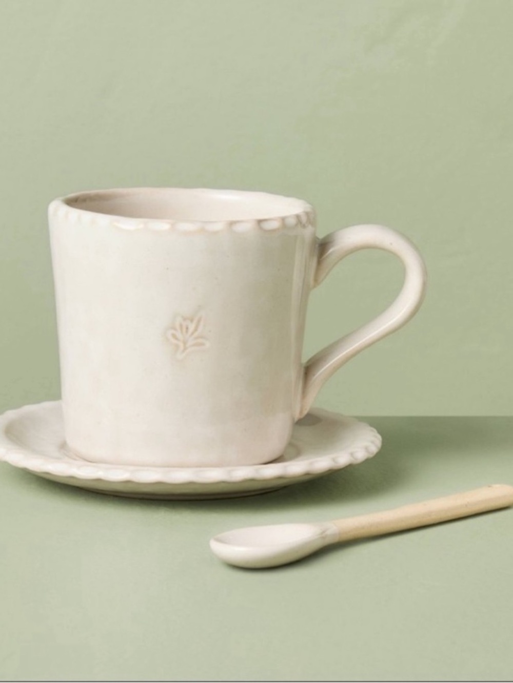 New Hearth and Hand 6 fl oz Pinched Edge Teacup with Saucer and Spoon Sour Cream